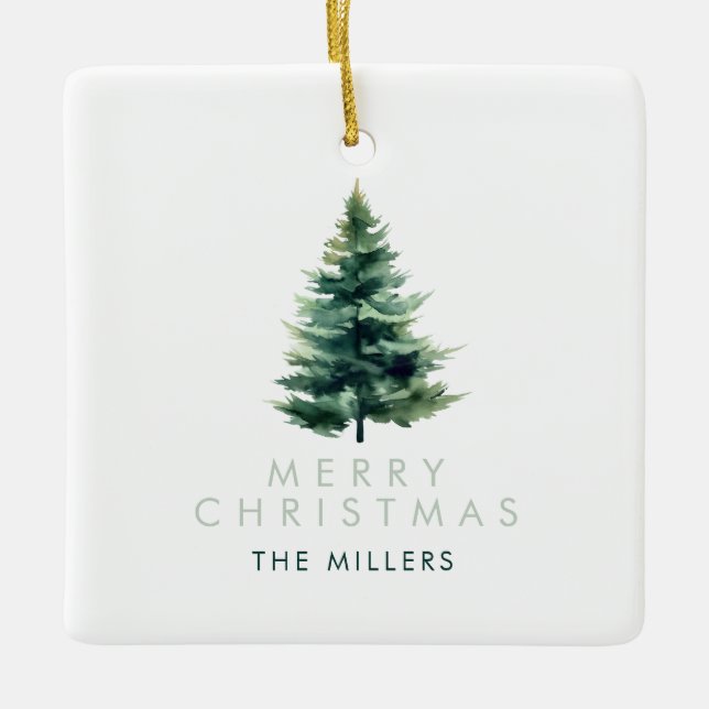 Minimalist Pine Tree Green Christmas Holiday Ceramic Ornament (Front)