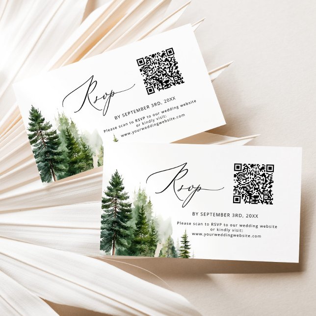 Minimalist pine trees QR code wedding RSVP Enclosure Card (Creator Uploaded)