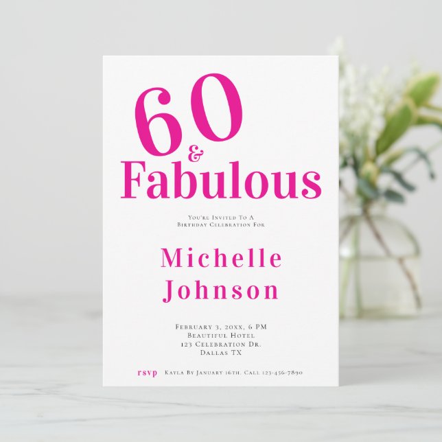 Minimalist Pink 60 & Fabulous 60th Birthday Party Invitation (Standing Front)