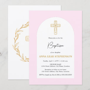 Minimalist Pink and Gold Cross Baptism Invitation