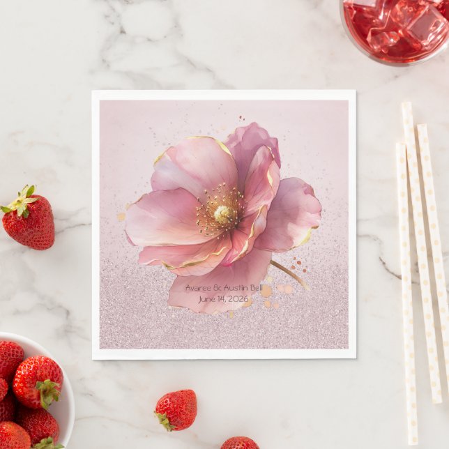 Minimalist Pink and Gold Poppy Wedding Napkin (Insitu)