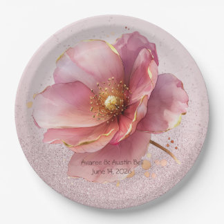 Minimalist Pink and Gold Poppy Wedding Paper Plate