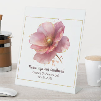 Minimalist Pink and Gold Poppy Wedding Pedestal Sign