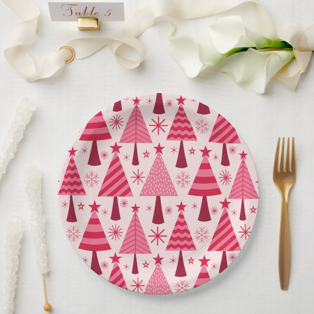 Minimalist  Pink and Red Christmas Trees Pattern  Paper Plate (Wedding)