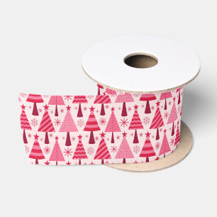 Minimalist  Pink and Red Christmas Trees Pattern  Satin Ribbon
