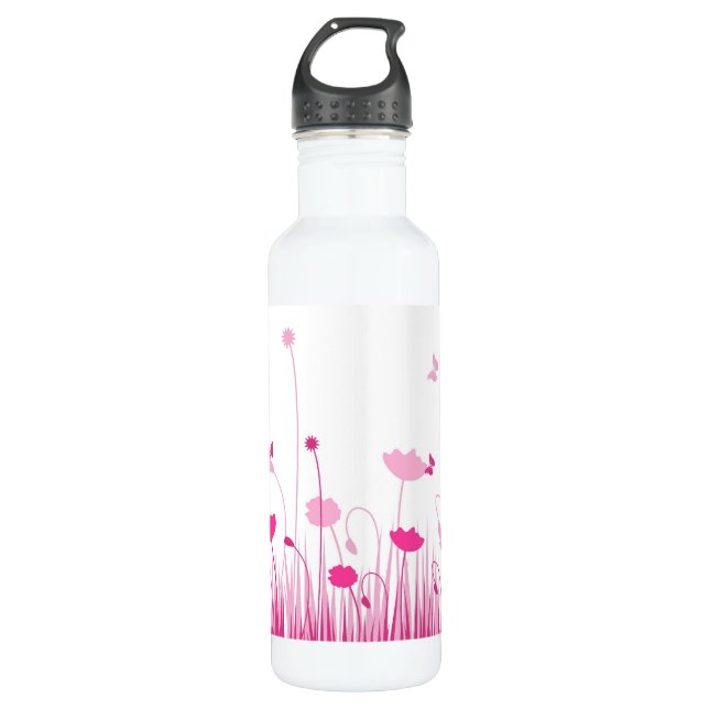 Minimalist Pink and White Poppies Meadow Floral 710 Ml Water Bottle (Front)