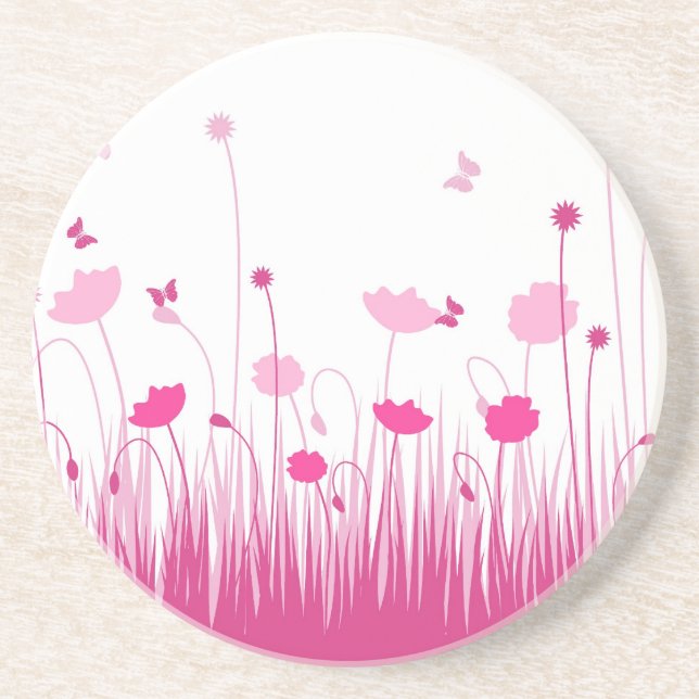 Minimalist Pink and White Poppies Meadow Floral Coaster (Front)
