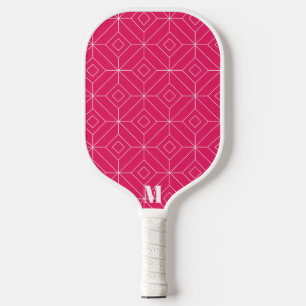 Minimalist Pink and White Sparkle Modern Monogram Pickleball Paddle