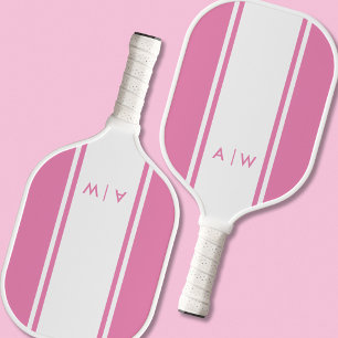Minimalist Pink and White Stripe Modern Monogram Pickleball Paddle