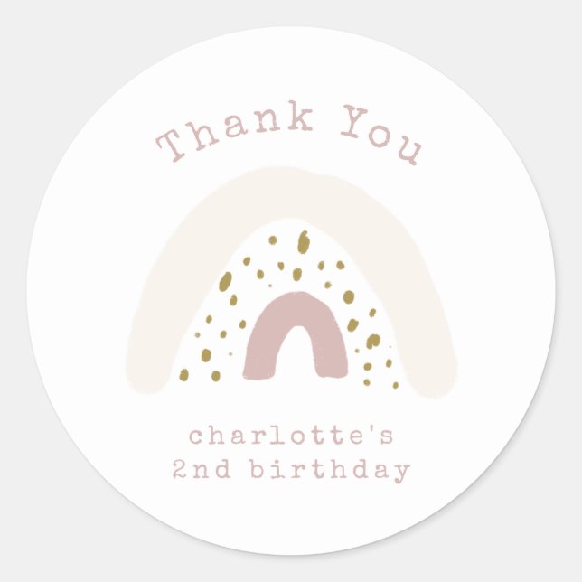 Minimalist Pink Boho Rainbow Birthday Thank You Classic Round Sticker (Front)