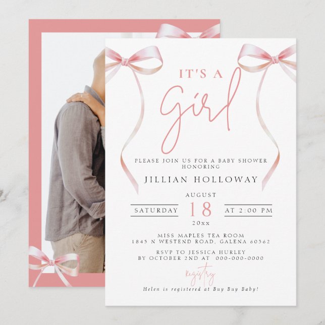 Minimalist Pink BOW Its a girl Baby Shower Invitation (Front/Back)