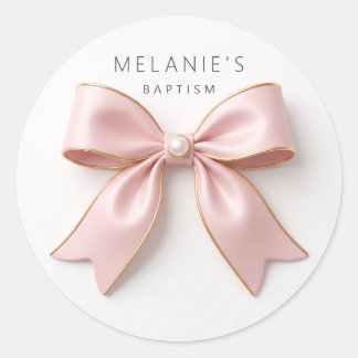 Minimalist Pink Bow Pearl Luxury Baptism Classic Round Sticker