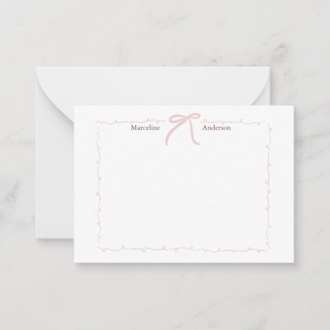 Minimalist Pink Bow Personalized Stationery Card (Front)
