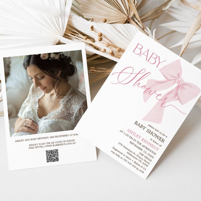 Minimalist Pink Bow QR Code Baby Shower Invitation (Pink Bow Baby Shower Invitation Template for Baby Girl, Modern Minimalist Bow Baby Shower Invitation)
