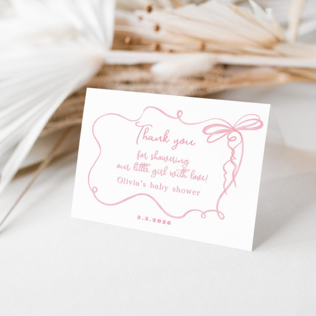 Minimalist pink bow wavy baby shower thank you card (Creator Uploaded)