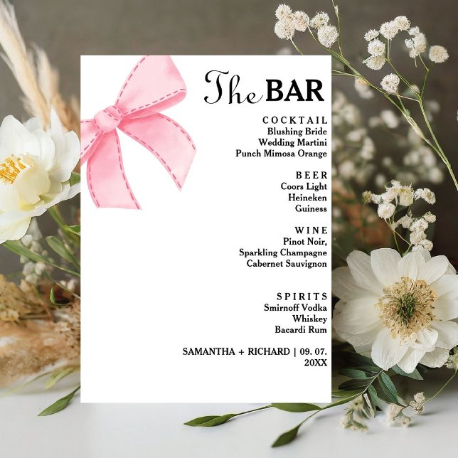 Minimalist Pink Bow Wedding Drinks Bar Menu  Pedestal Sign (Creator Uploaded)