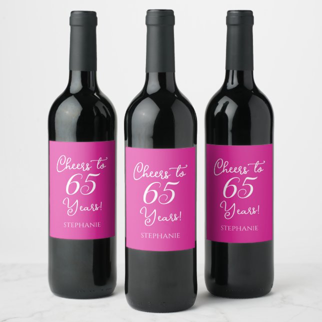 Minimalist Pink Cheers to 65 Years Birthday Wine Label (Bottles)