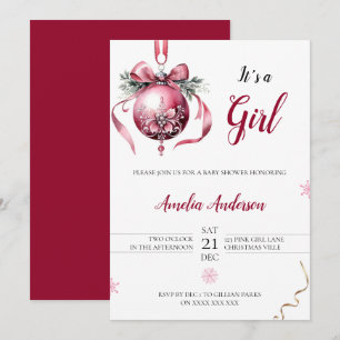 Minimalist Pink Christmas Ornament Baby Shower Invitation