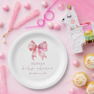 Minimalist Pink Coquette Bow Baby Shower Paper Plate