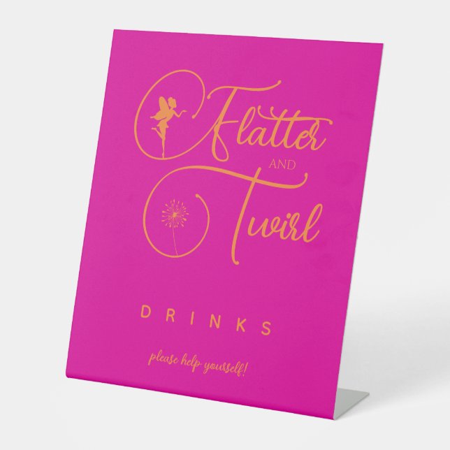 Minimalist Pink Fairy Birthday Party Drinks Pedestal Sign (Front)