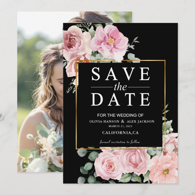 Minimalist pink flowers Photo Black Wedding  Save The Date (Front/Back)