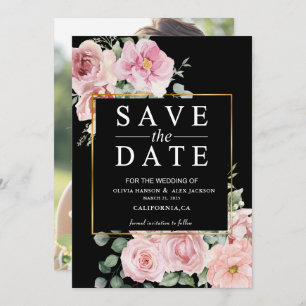 Minimalist pink flowers Photo Black Wedding  Save The Date
