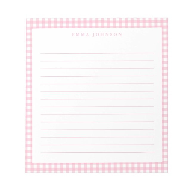 Minimalist Pink Gingham Monogram Lined Notepad (Front)