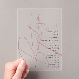 Minimalist Pink Girl Script Baptism Christening Acrylic Invitations