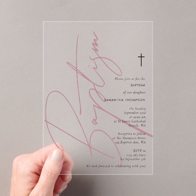 Minimalist Pink Girl Script Baptism Christening Acrylic Invitations (Insitu (Handheld))