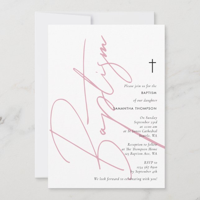 Minimalist Pink Girl Script Baptism Christening Invitation (Front)