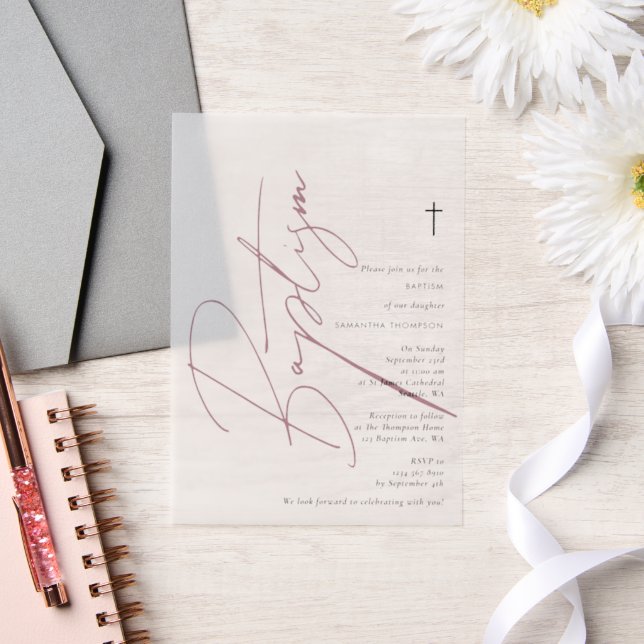 Minimalist Pink Girl Script Baptism Christening Vellum Invitations (Wedding)