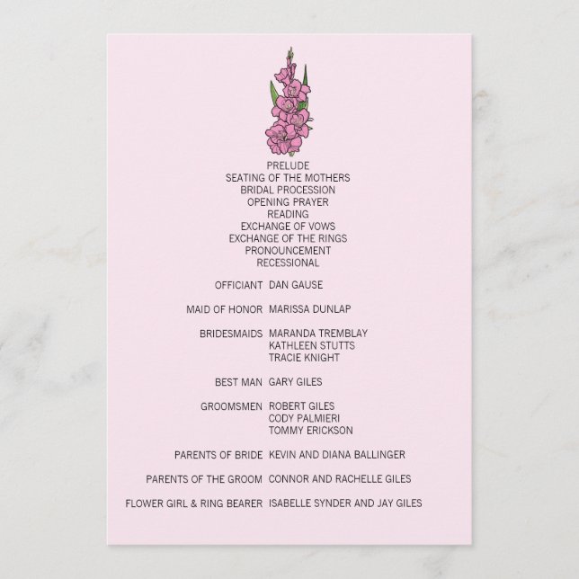 Minimalist Pink Gladiolus Wedding Program (Front)