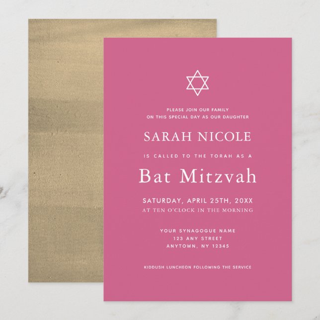 Minimalist Pink & Gold Bat Mitzvah Invitation (Front/Back)