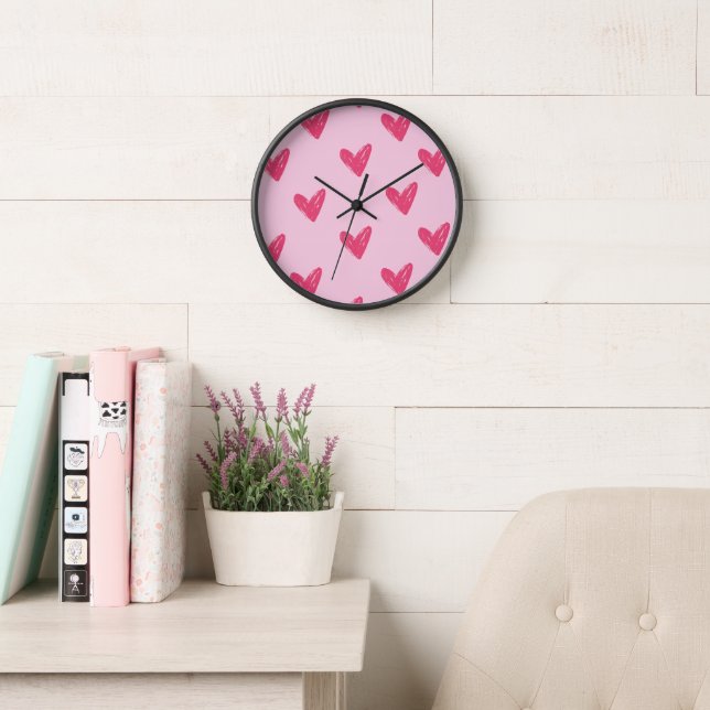 Minimalist Pink Hand Drawn Hearts Pattern Wall Clo Clock (Reading Room)
