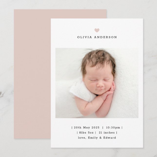 Minimalist Pink Heart Girl Birth Announcement (Front/Back)