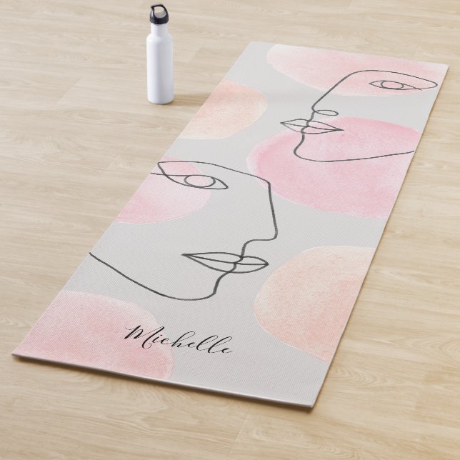 Minimalist Pink Line Drawing Faces Custom Name Yoga Mat (In Situ)