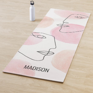 Minimalist Pink Line Drawing Faces Custom Name Yoga Mat