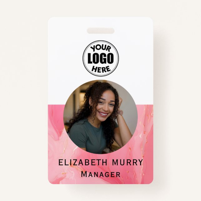  Minimalist Pink Marble Business Employee ID Badge (Front)