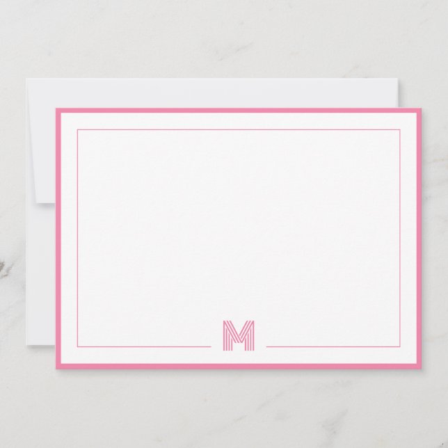 Minimalist Pink Monogram Double Border Stationery Card (Front)