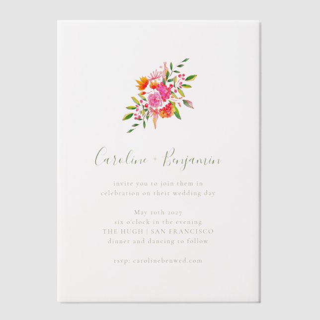 Minimalist Pink Orange Green Floral Wedding Vellum Invitations (Front)