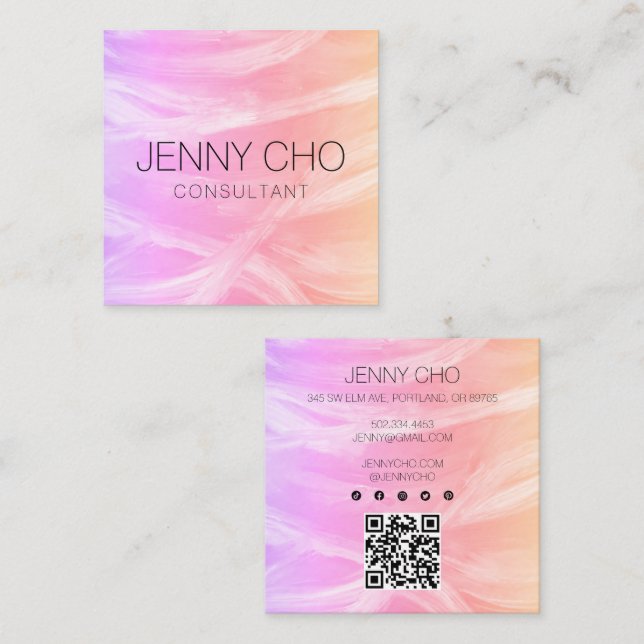 Minimalist Pink Painting QR Code Social Icons Square Business Card (Front/Back)