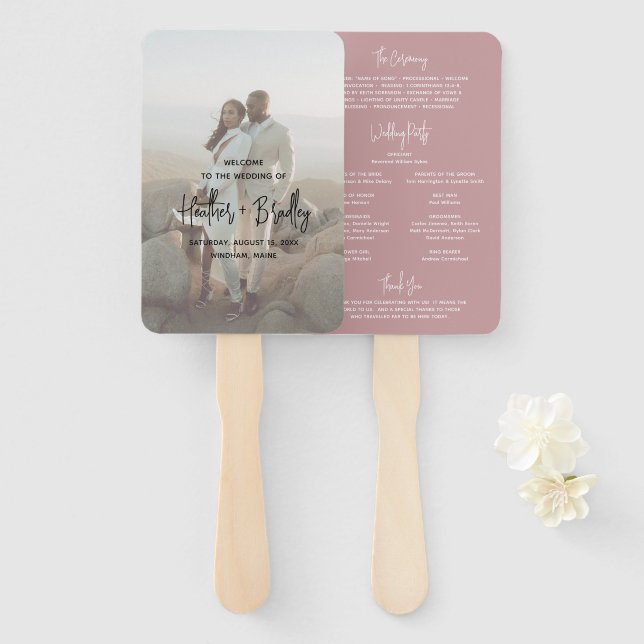 Minimalist Pink Photo Modern Wedding Program Hand Fan (Front and Back)