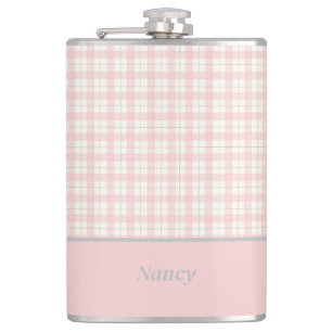 Minimalist Pink Plaid Custom Name Hip Flask