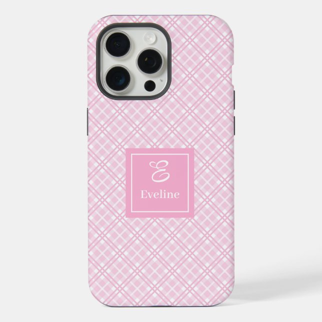 Minimalist Pink Plaid iPhone Case – Name Monogram (Back)