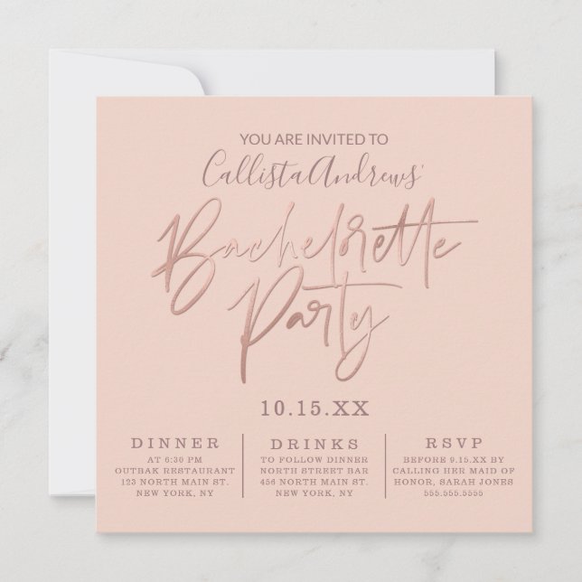 Minimalist Pink Rose Gold Typography Bachelorette Invitation (Front)