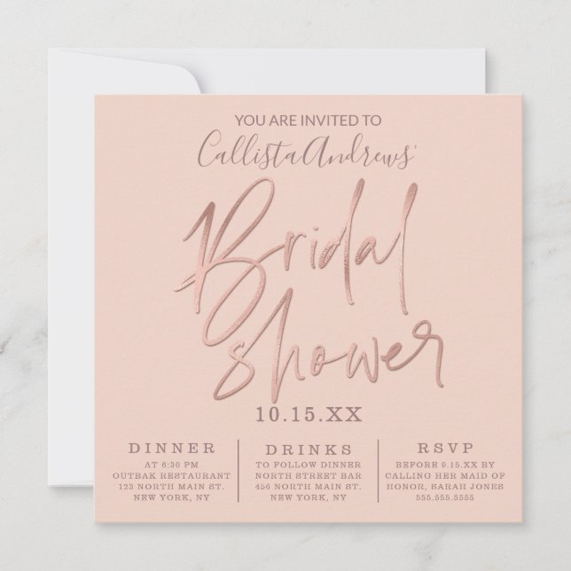 Minimalist Pink Rose Gold Typography Bridal Shower Invitation (Front)