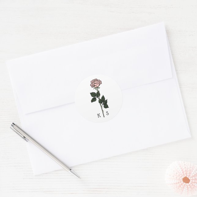 Minimalist Pink Rose Monogram Wedding Classic Round Sticker (Envelope)