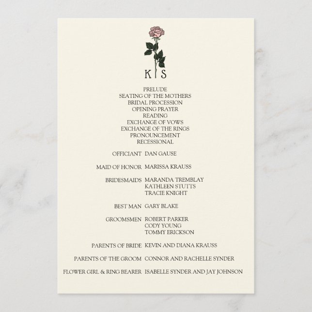 Minimalist Pink Rose Monogram Wedding Program (Front)