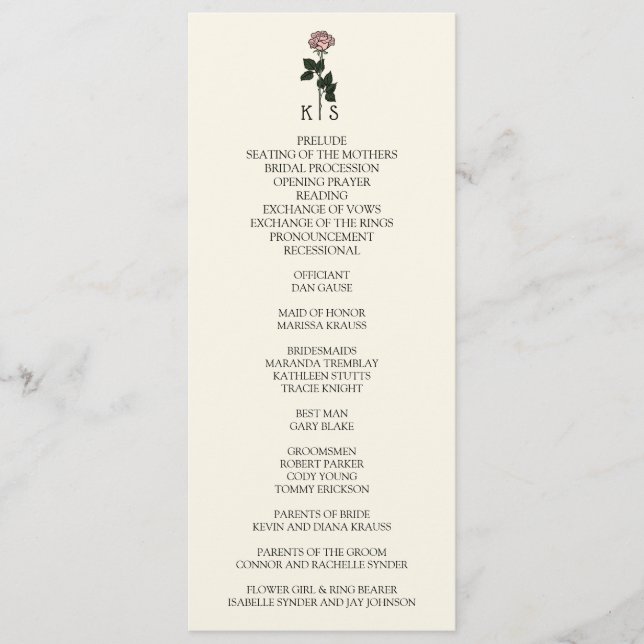 Minimalist Pink Rose Monogram Wedding Program (Front)