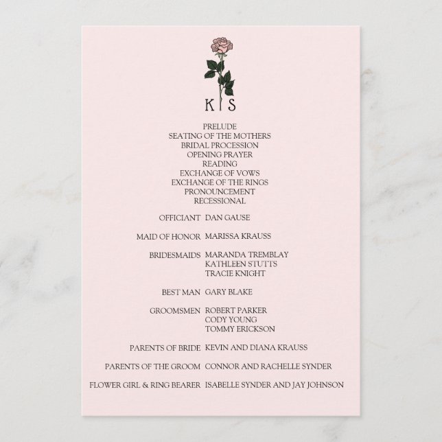 Minimalist Pink Rose Monogram Wedding Program (Front)